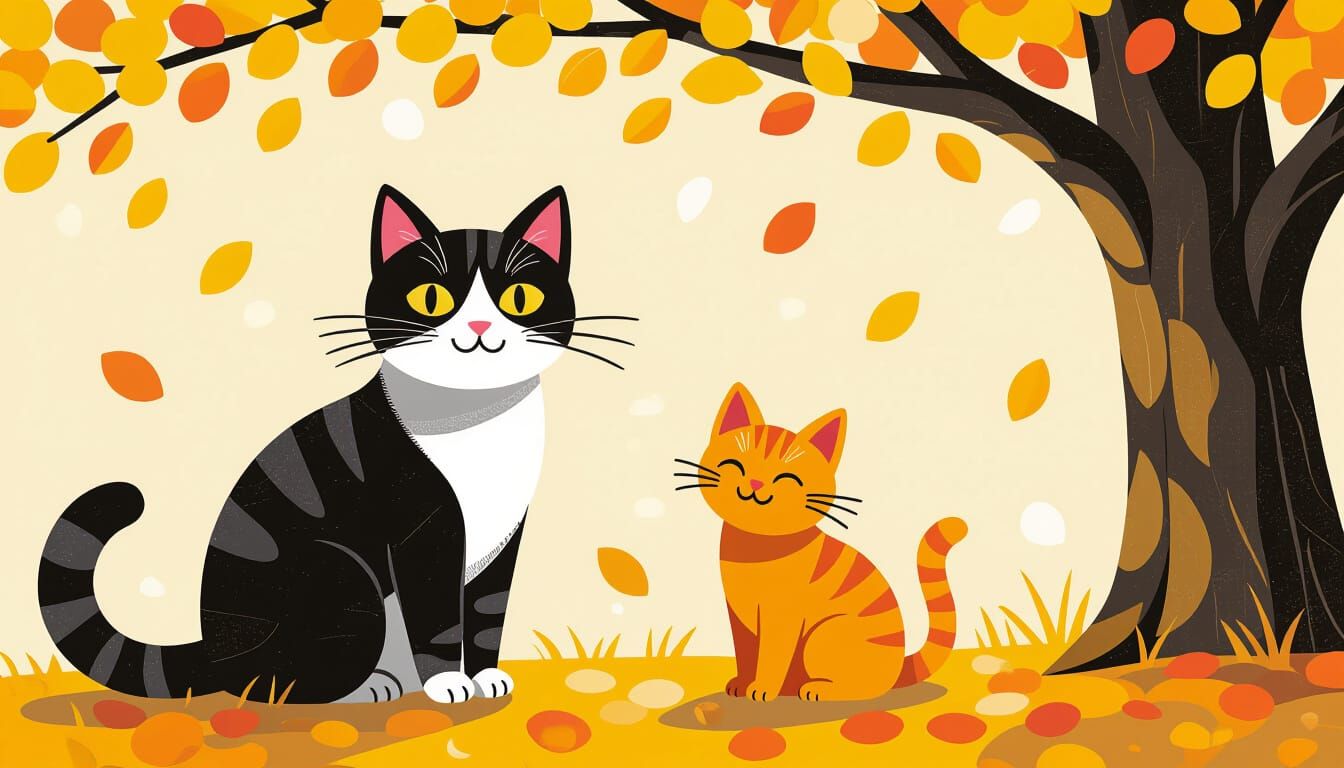 Colorful Abstract Cats Smiling Under Falling Leaves