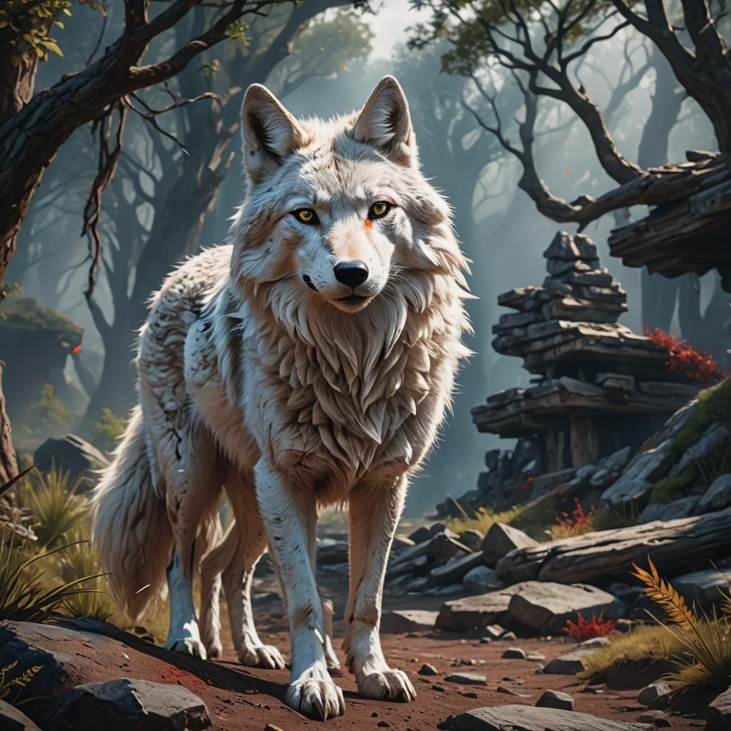 White Coyote with Heterochromia in Detailed Matte Painting