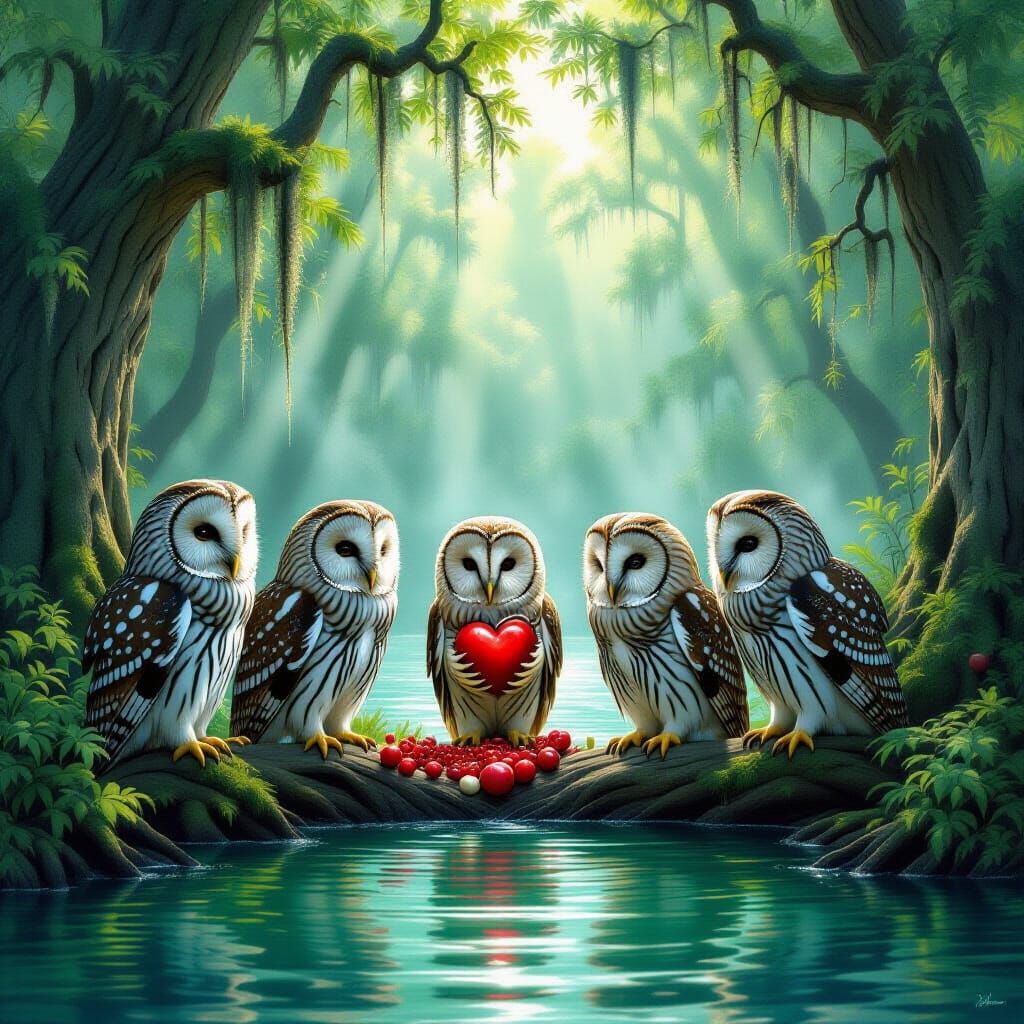 Seven Barred Owls in Mystical Forest