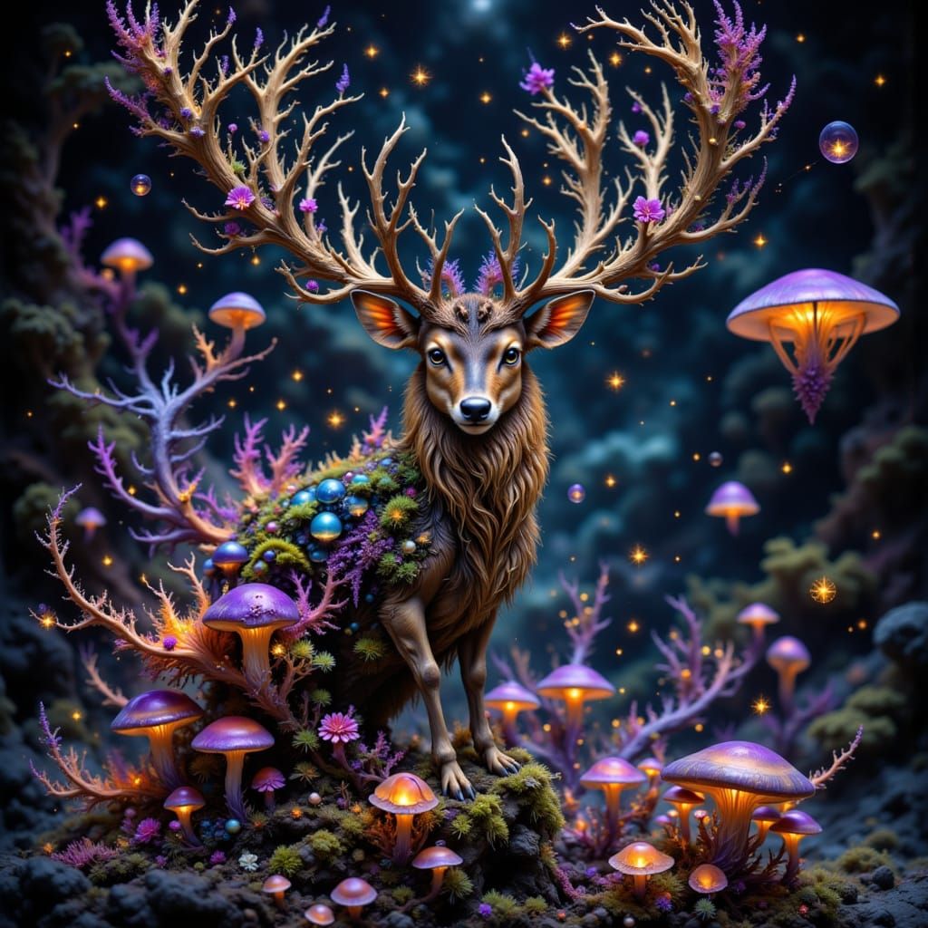 Mystical Stag with Glowing Spines in Surreal Forest