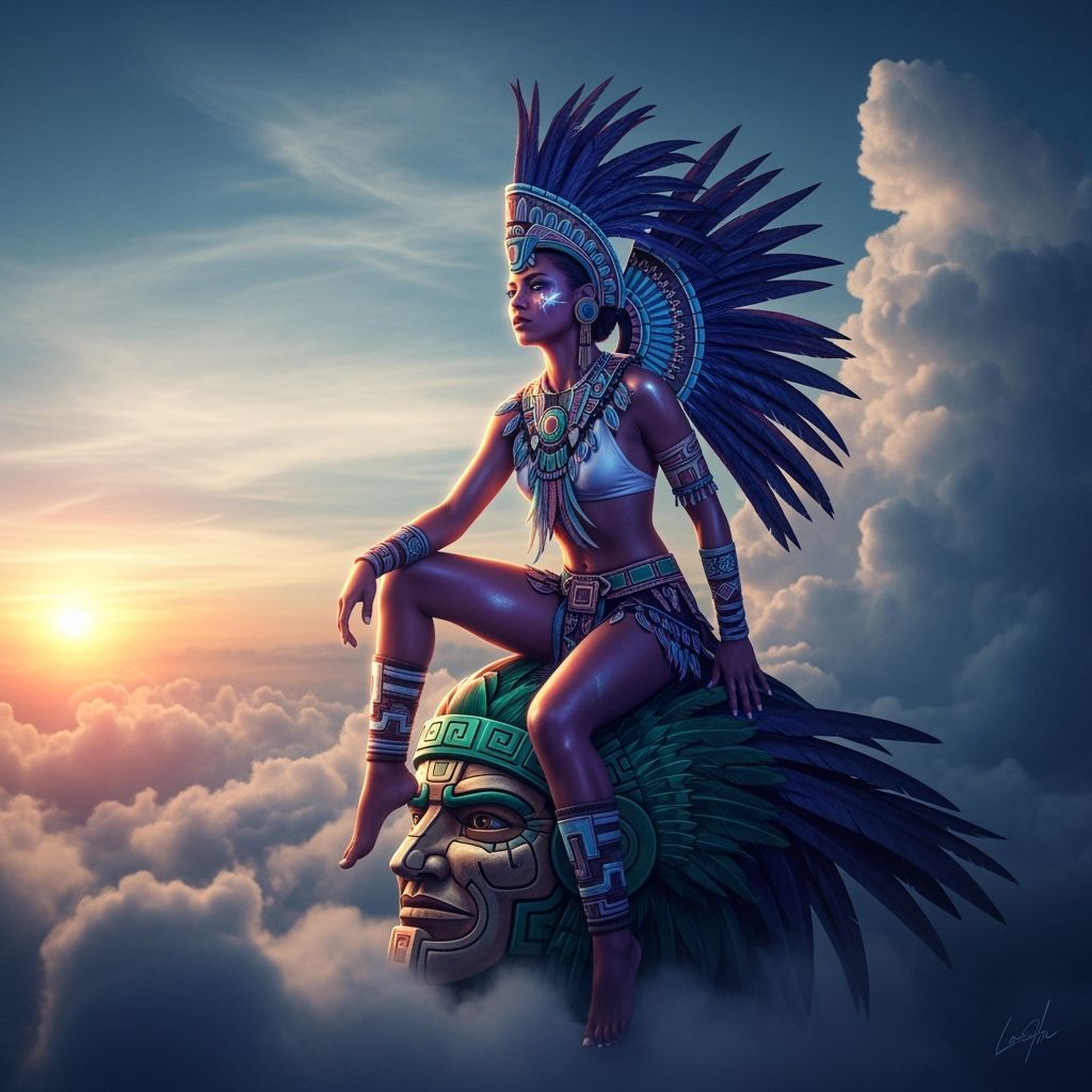 Aztec Woman Rides Quetzalcoatl in Golden Hour