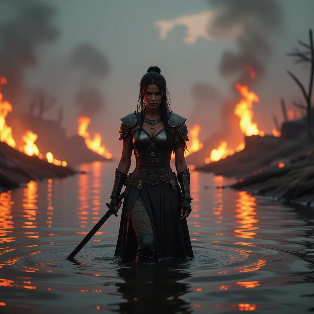 Warrior in Fiery River: Epic Film Still
