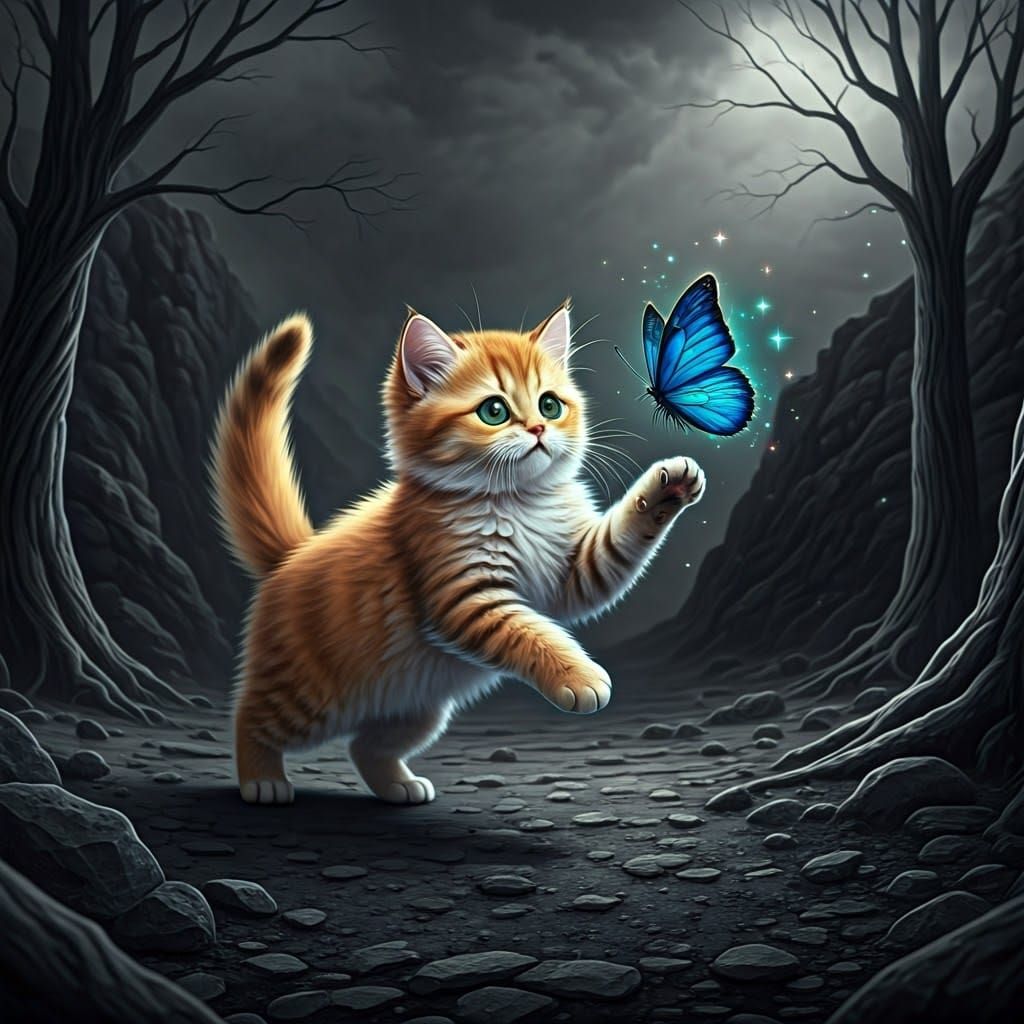 Golden Kitten's Chase in Bleak Landscape