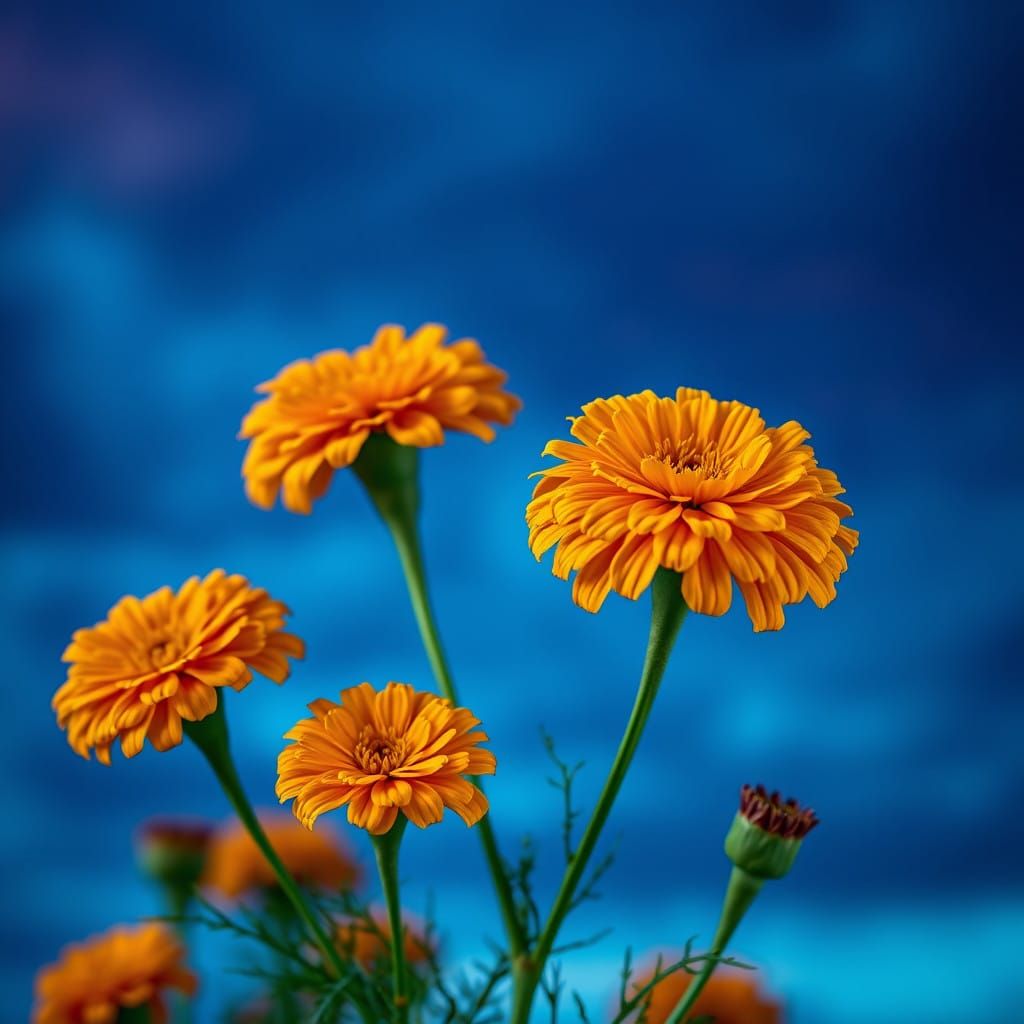 Golden Mexican Marigolds Dancing in a Moody, Gradient Sky
