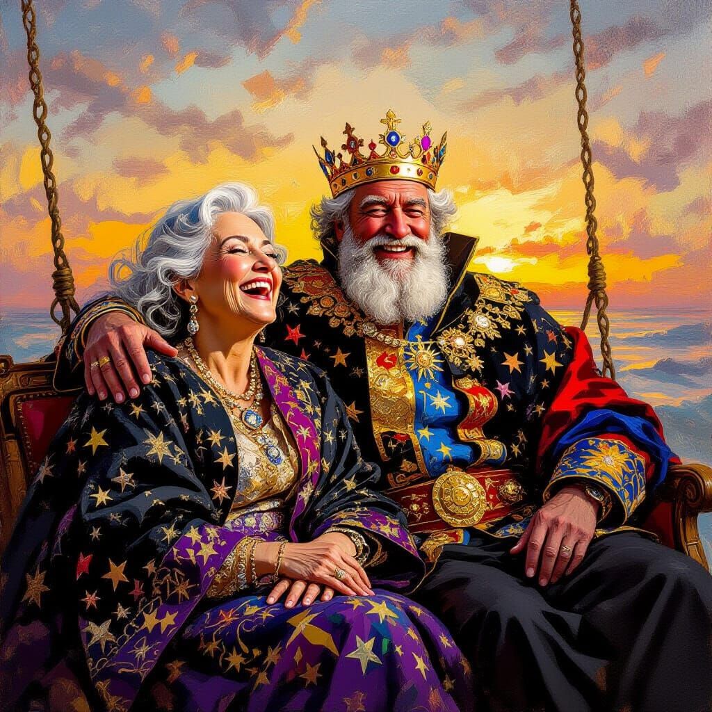 Joyful Woman and King in Twilight Oil Painting
