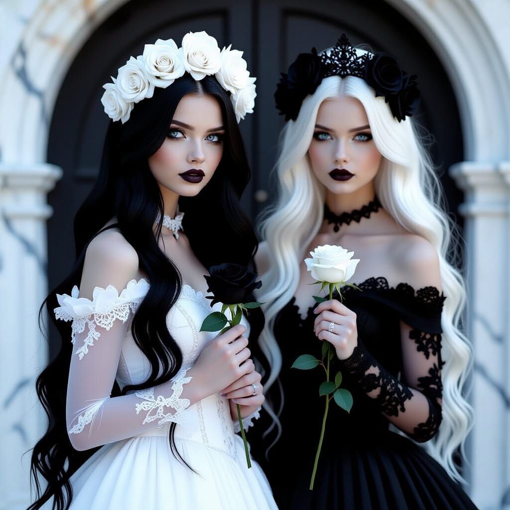 Gothic Twin Sisters: Black and White Contrast