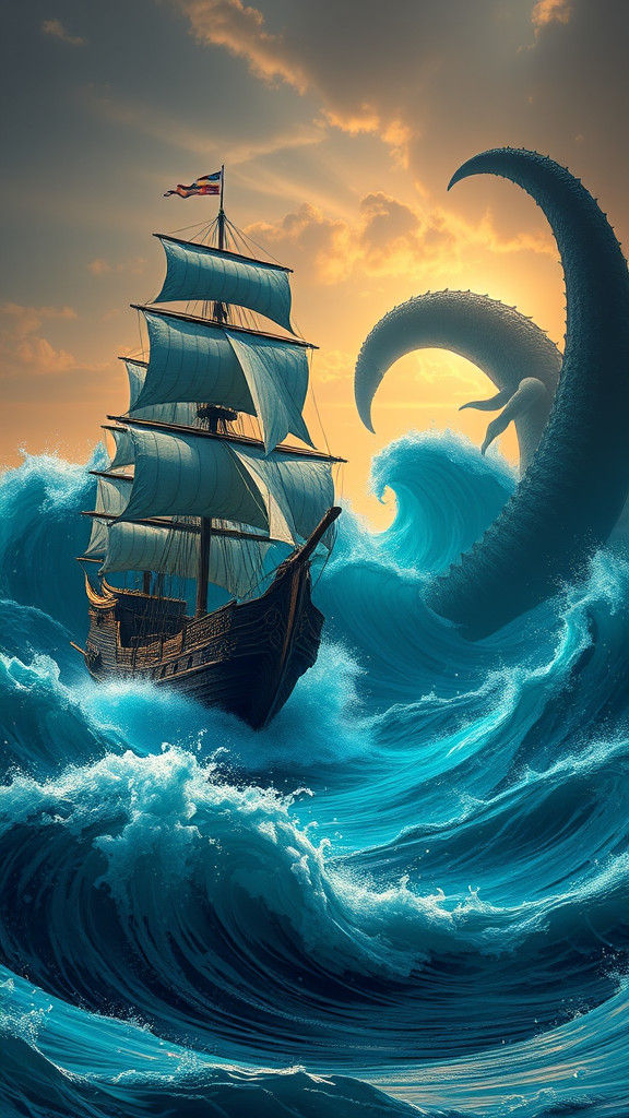 Sailing Vessel's Perilous Encounter: Fantasy Concept Art