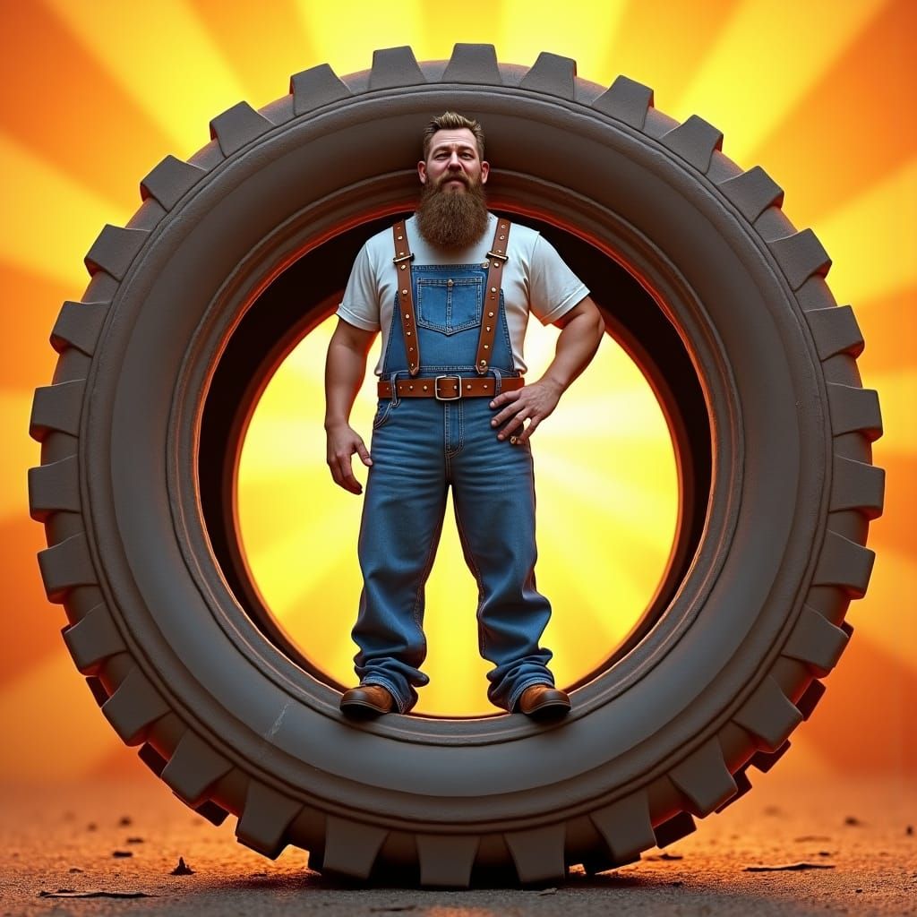 Bearded Man in Tire: Pixar-Inspired 3D Digital Art