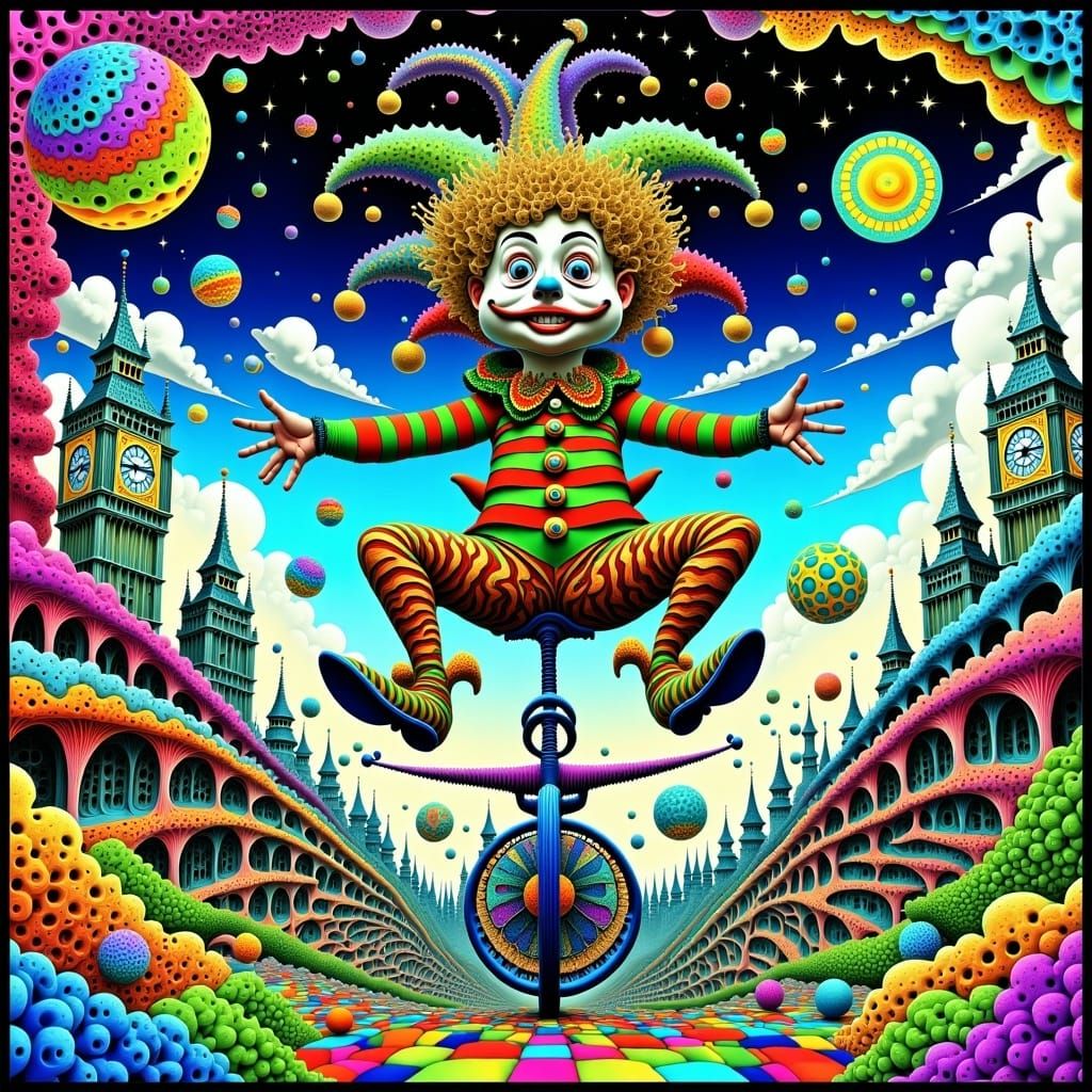 Surreal Satirical Jester Defies Gravity in a Whimsical World