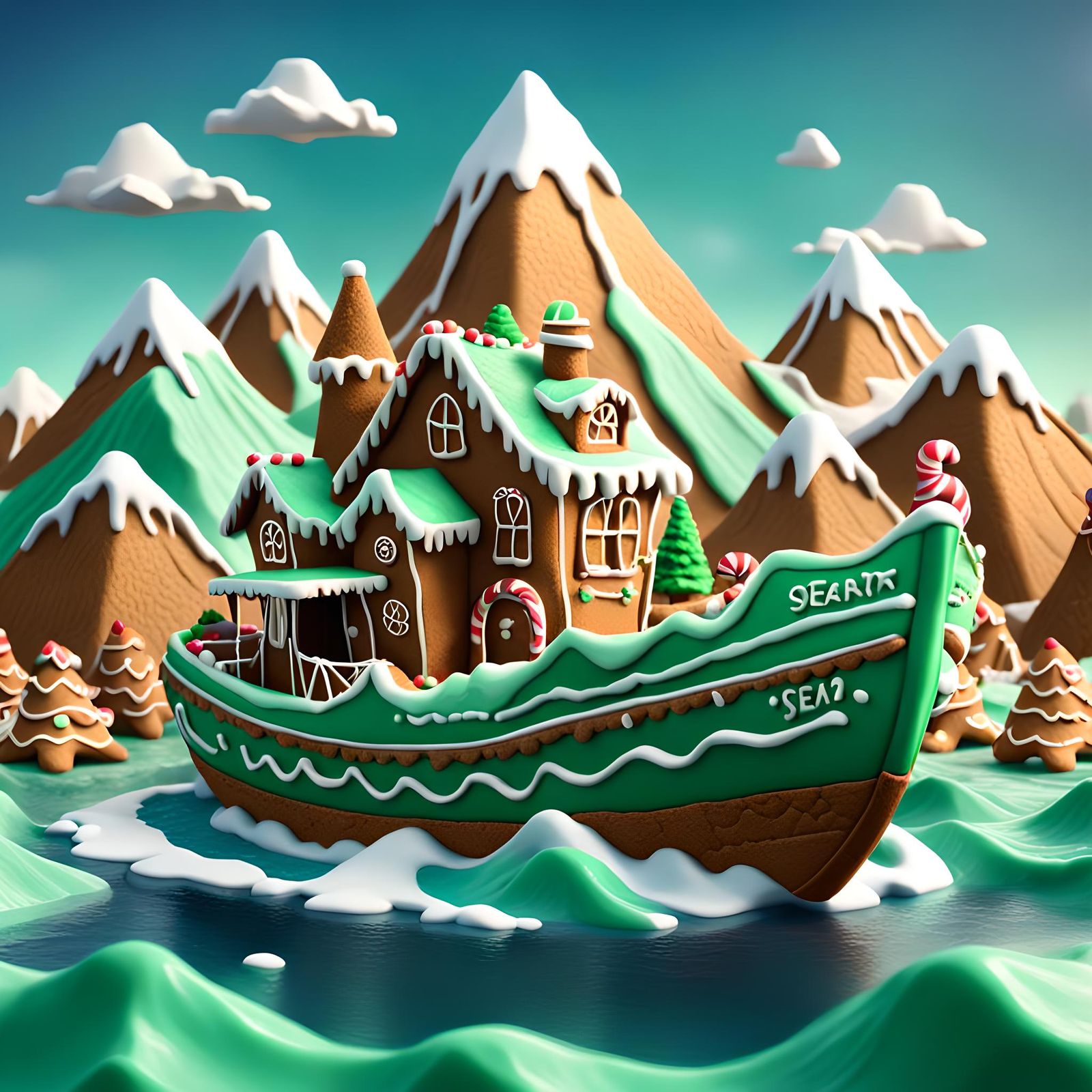 Gingerbread Mountains and Spearmint Sea in Digital 3D Art