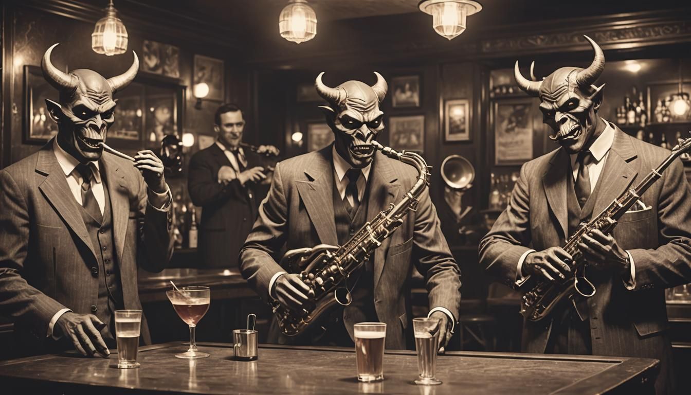 demon jazz group in 1920s bar background depth with 10 layer...