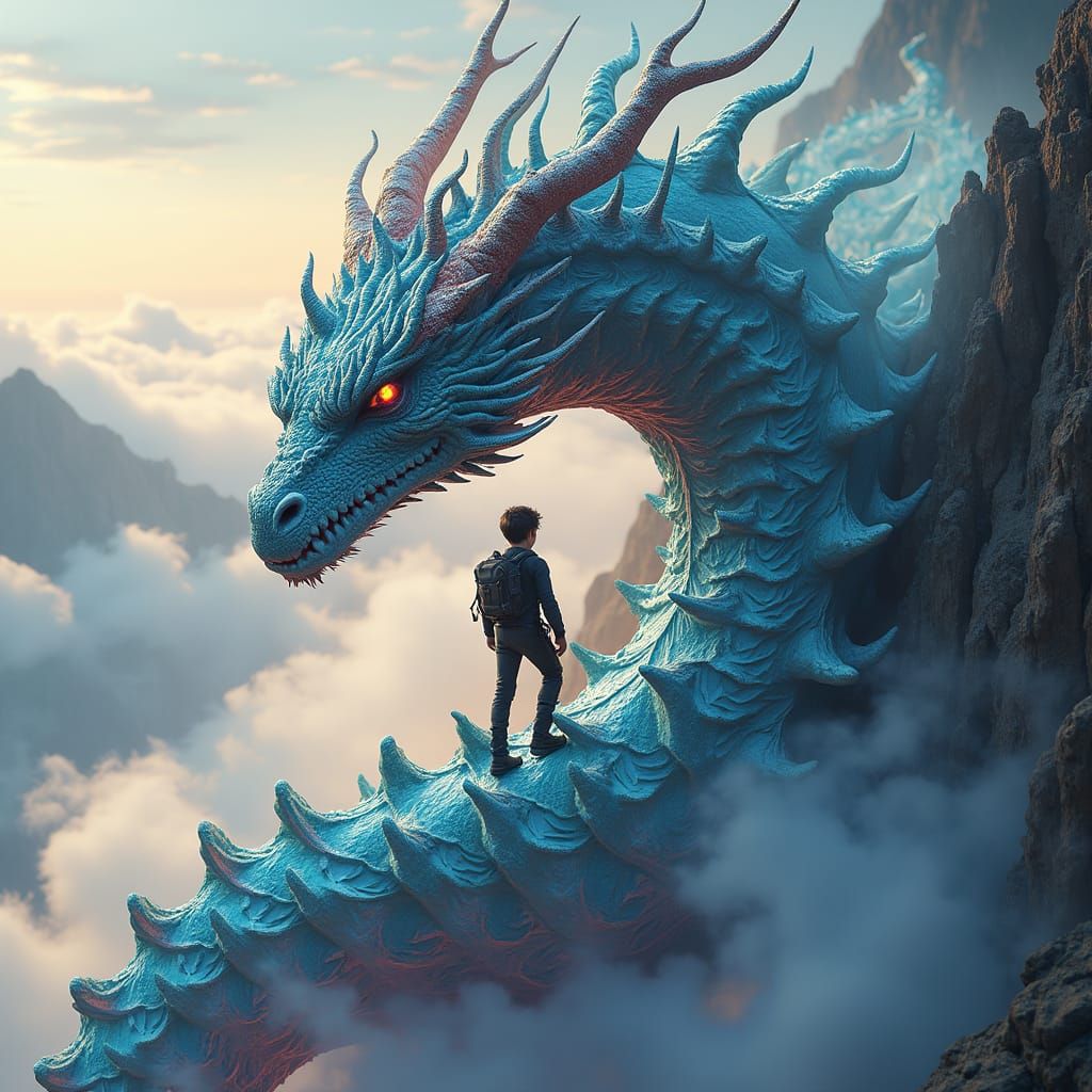 Adventurer Ascends Iridescent Fractal Dragon