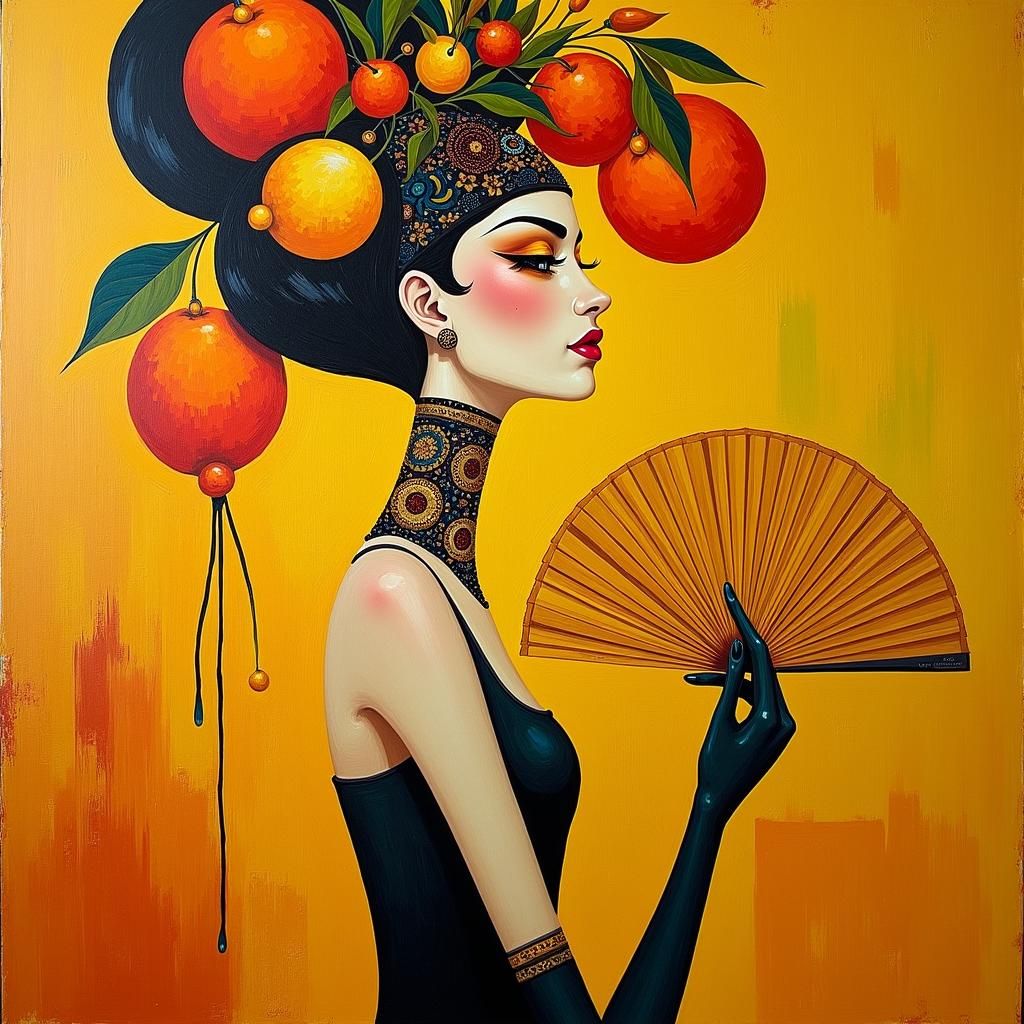 Deco Girl with Golden Fan in Abstract Landscape