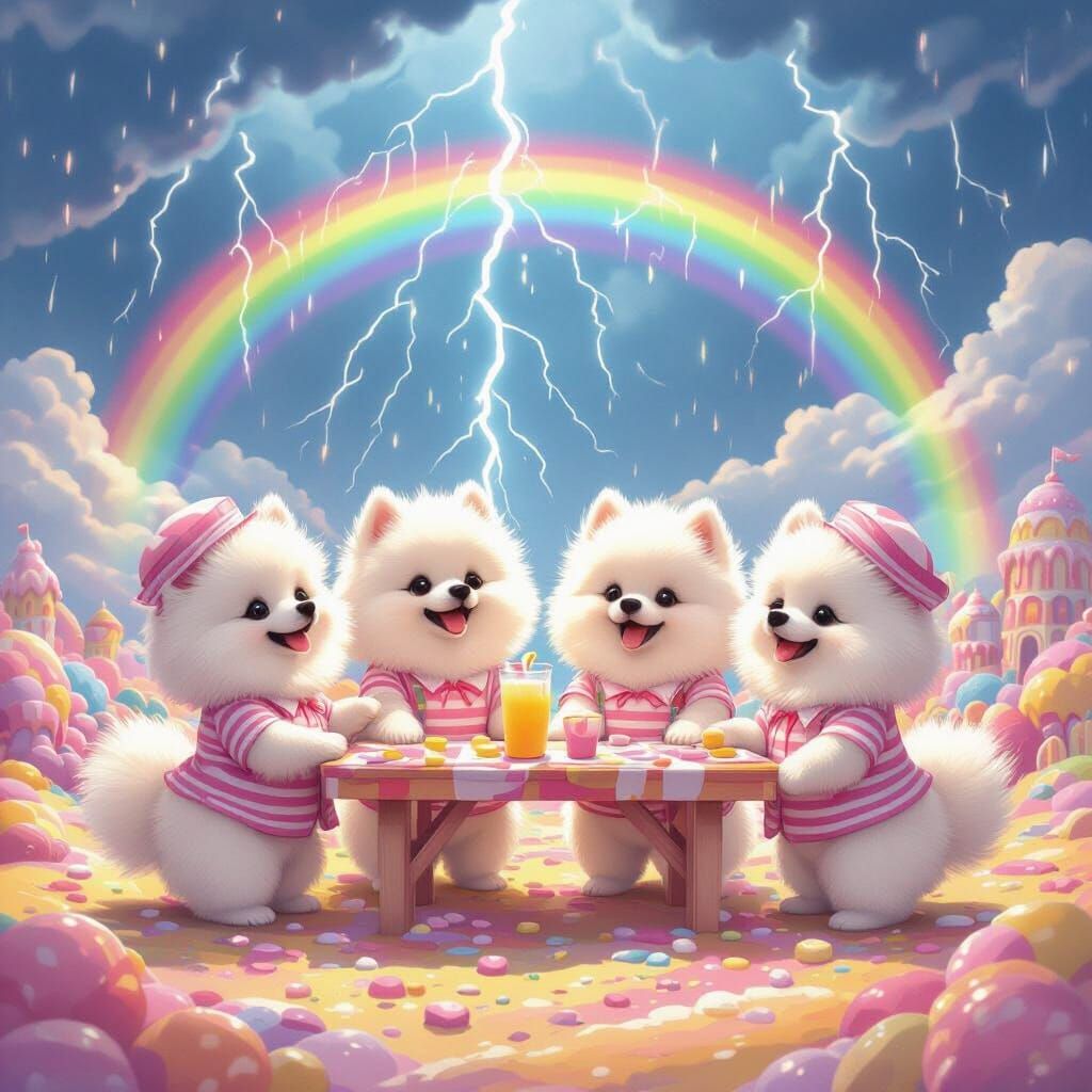 Pomeranians Sell Lemonade Under Stormy Candy Land Sky