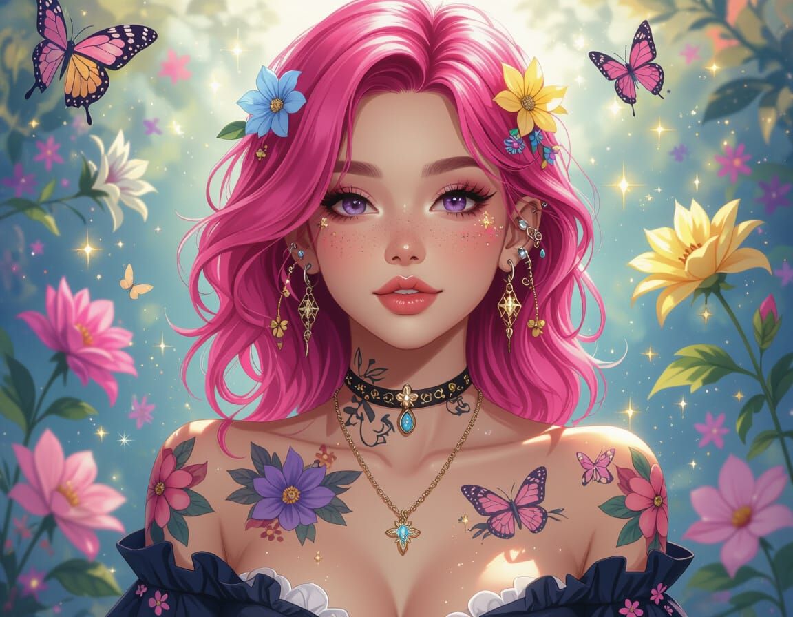 Tattooed Woman with Pink Hair in Anime Style