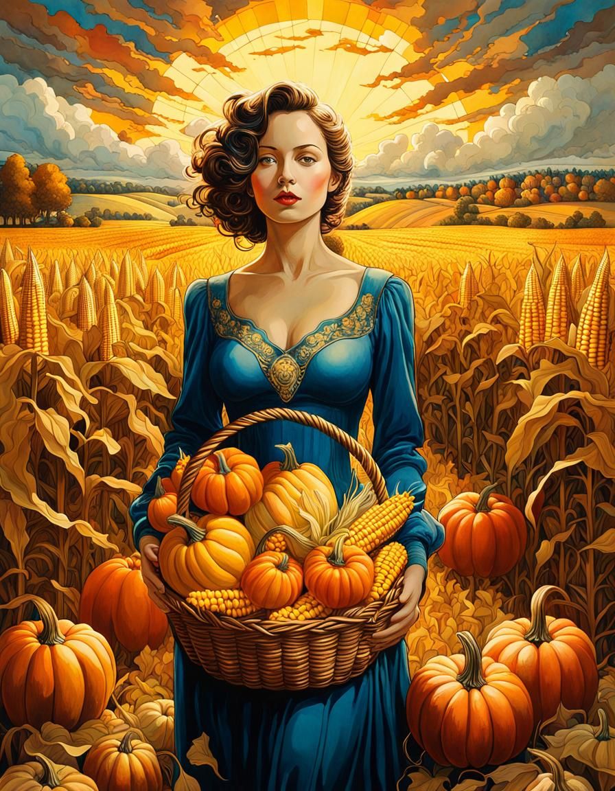 A woman with basket filled with pumpkins and corn