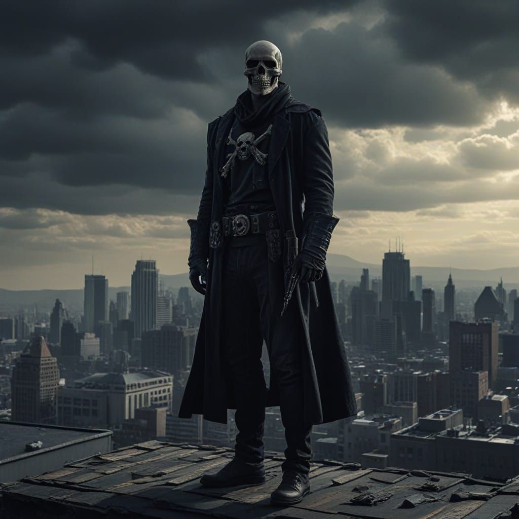 Lone Vigilante on Rooftop Overlooking City