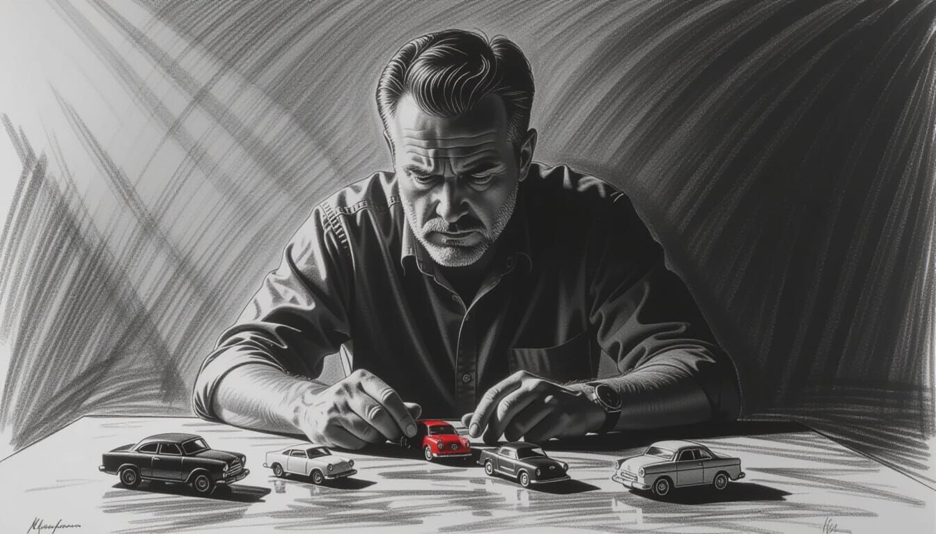 Man's Nostalgic Play: Toy Cars in Charcoal