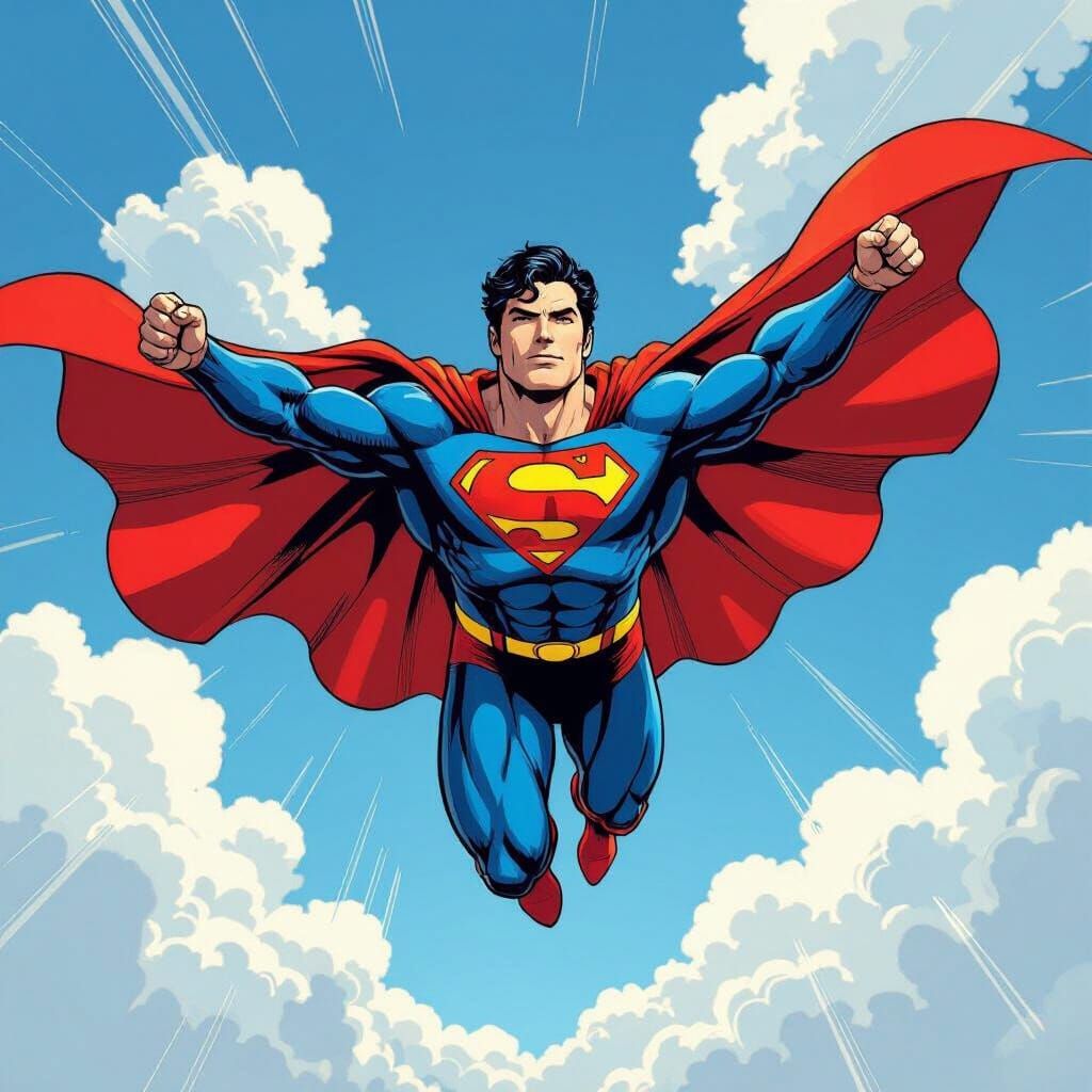 Superman Soars Through a Bright Blue Sky