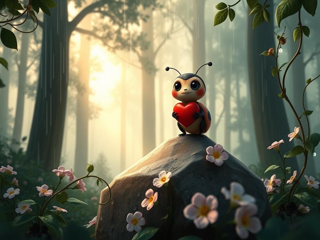 Ladybug with Heart in Ethereal Ghibli Forest