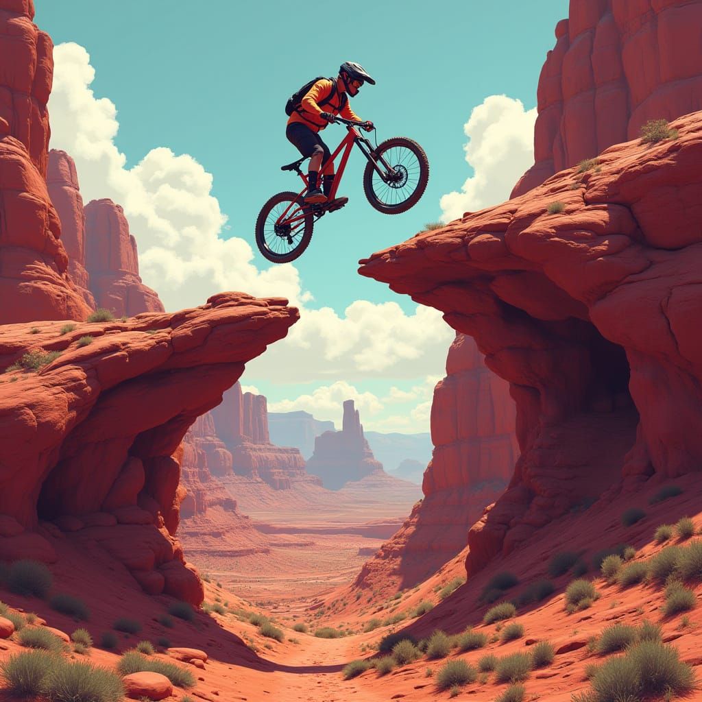 Mountain Biker Canyon Jump: Stylized Futuristic Landscape