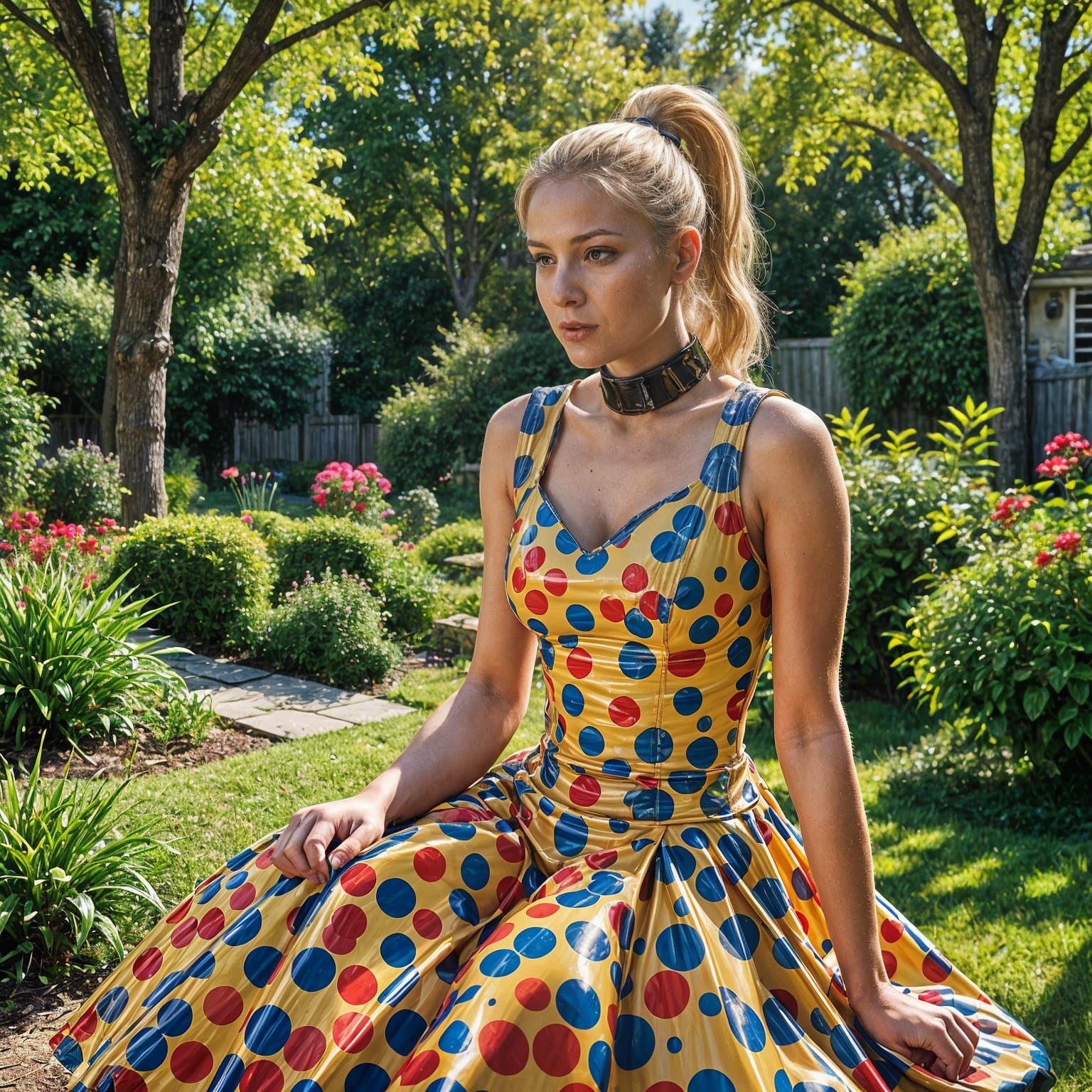 Woman with Ponytail in PVC Dress in Garden
