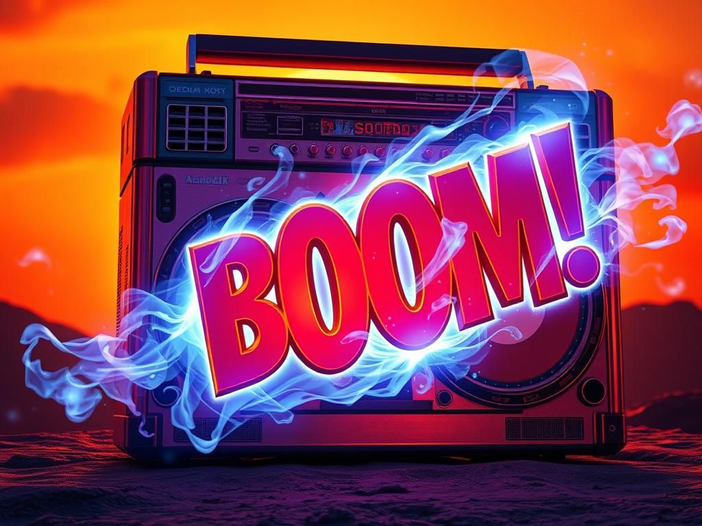 Vibrant Boombox with 3D 'BOOM!' in Matte Painting Style