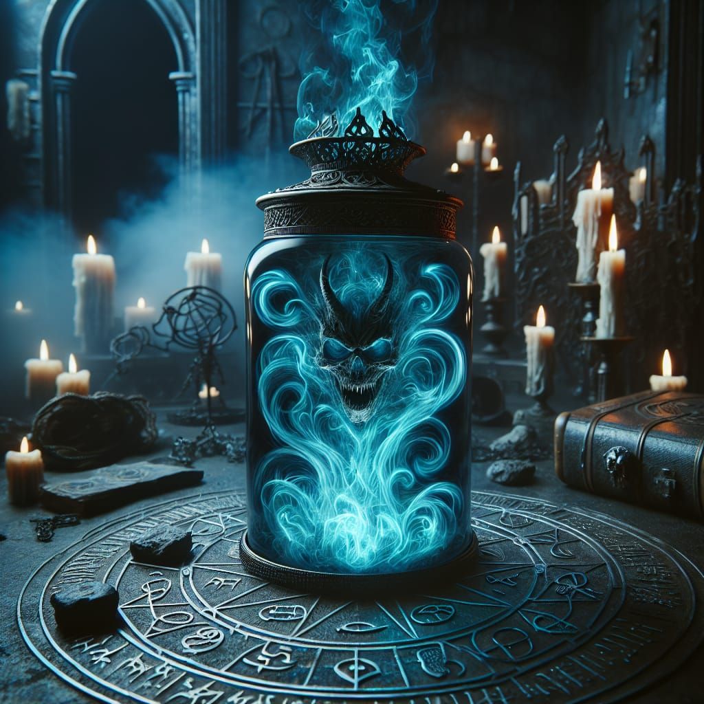 Blue Flame Devil in Jar on Altar