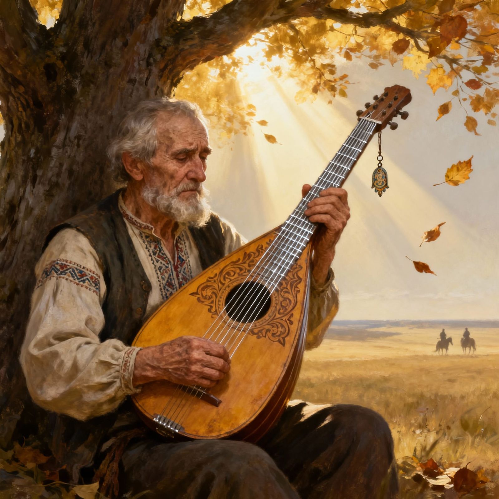 Ukrainian Kobzar Sings of Cossacks Under Autumn Tree