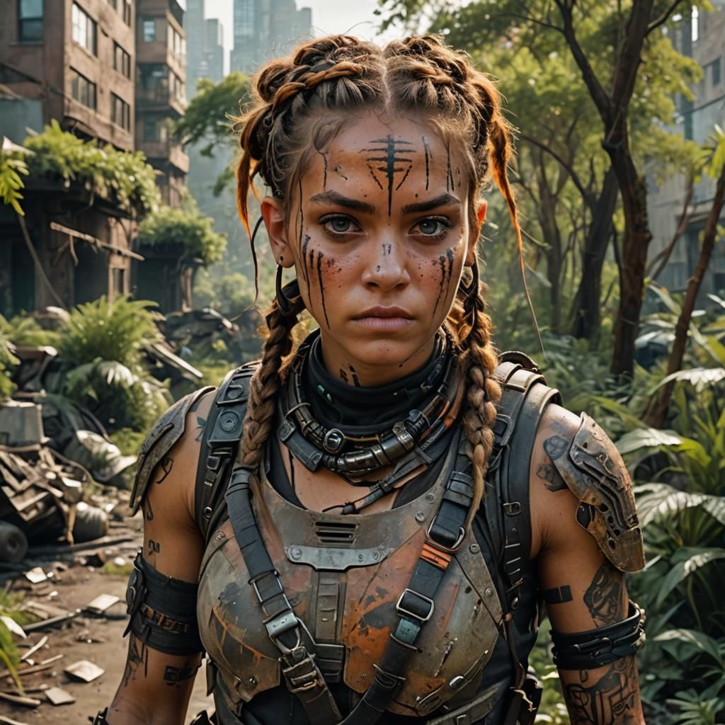 Scavenger Girl in Overgrown City: Cinematic Film Still