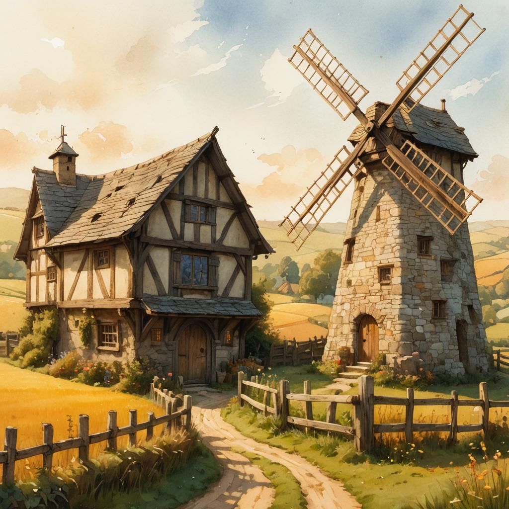 Medieval Windmill in Rolling Fields: Watercolor Illustration