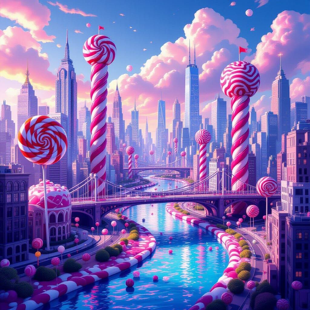 Whimsical Candy Cityscape with Chocolate River