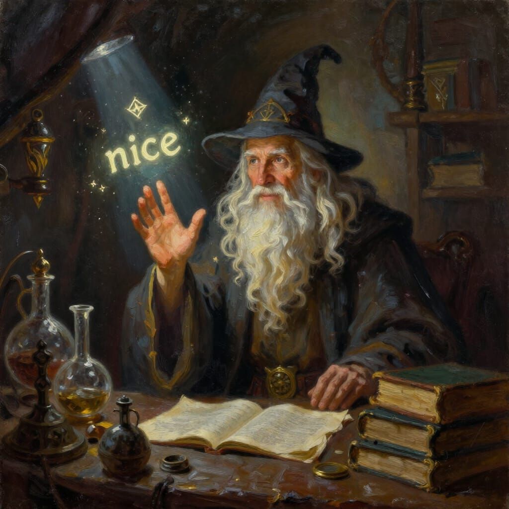 Wise Wizard Casting Spell in Dimly Lit Study