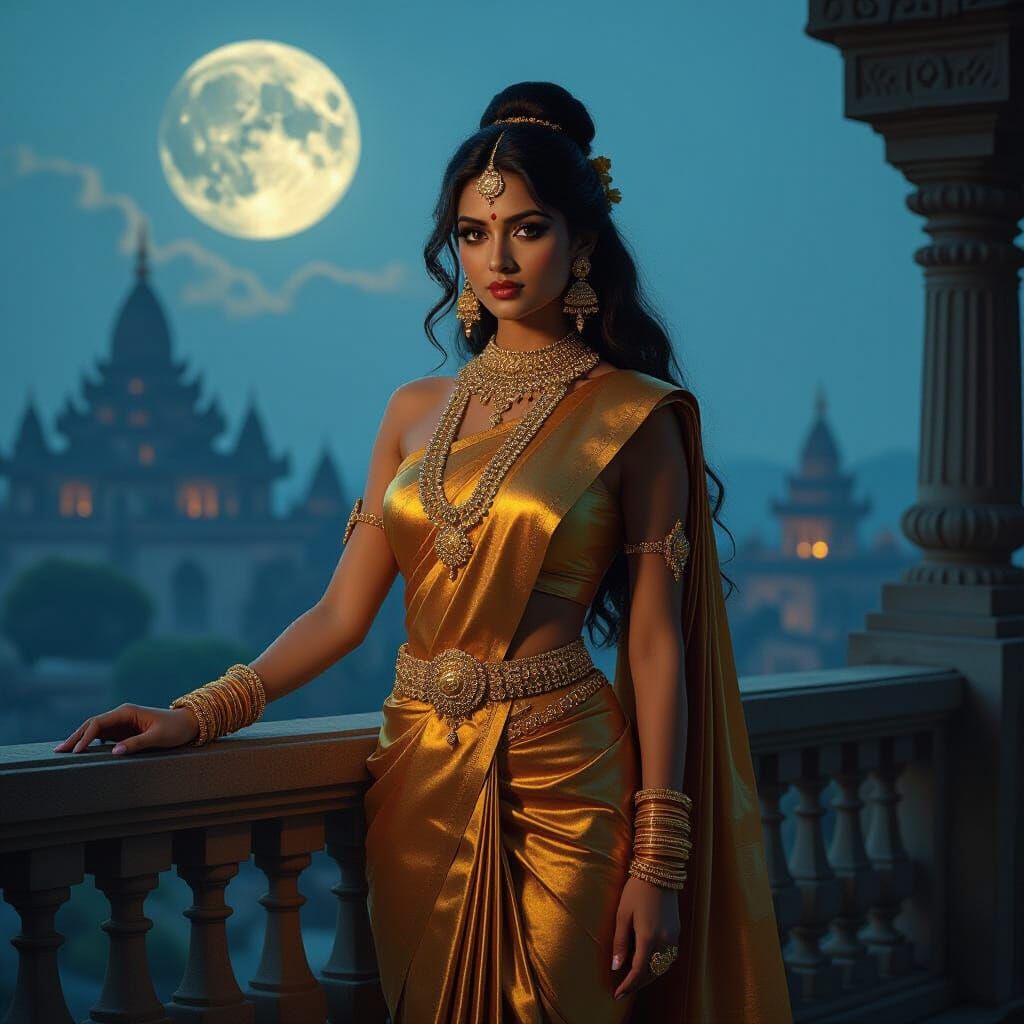 Yakshini Overlooking Ancient City, Dramatic Concept Art
