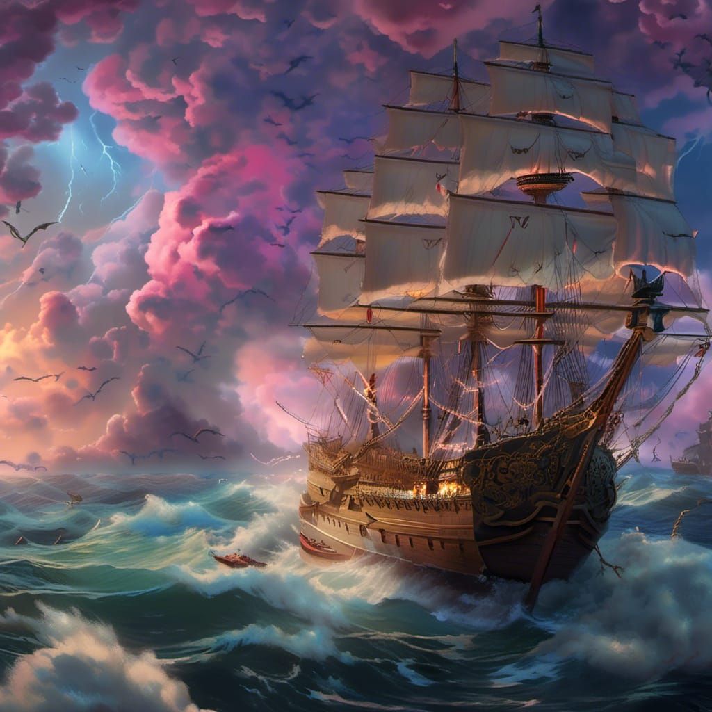 Giant Squid Attacks Sailing Ship in Stormy Seas