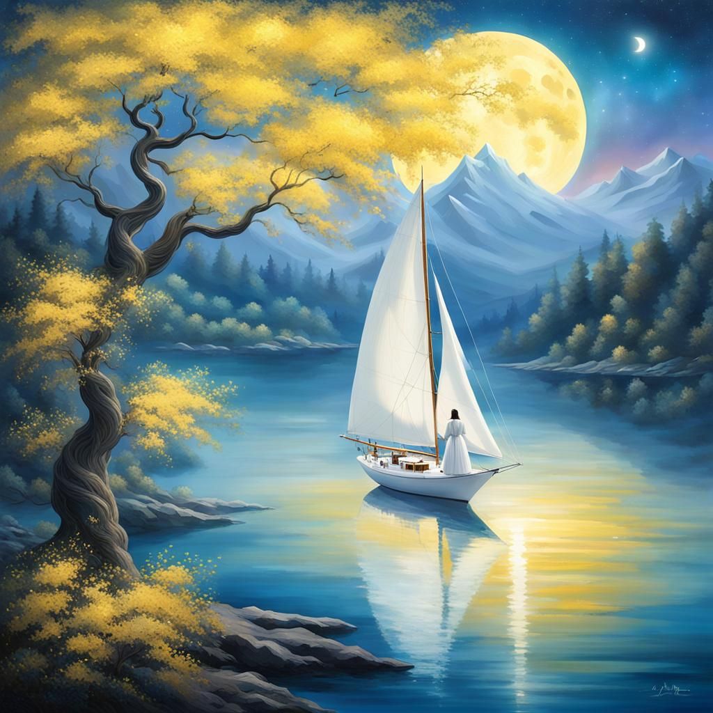 Ethereal White Sailboat Under Moonlit Mountains