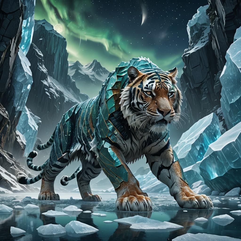 Icy Giant Tiger in Starry Fjords: Baroque Digital Art