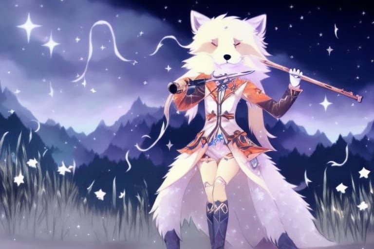 Fox's Moonlit Flute Serenade in Fantasy Style