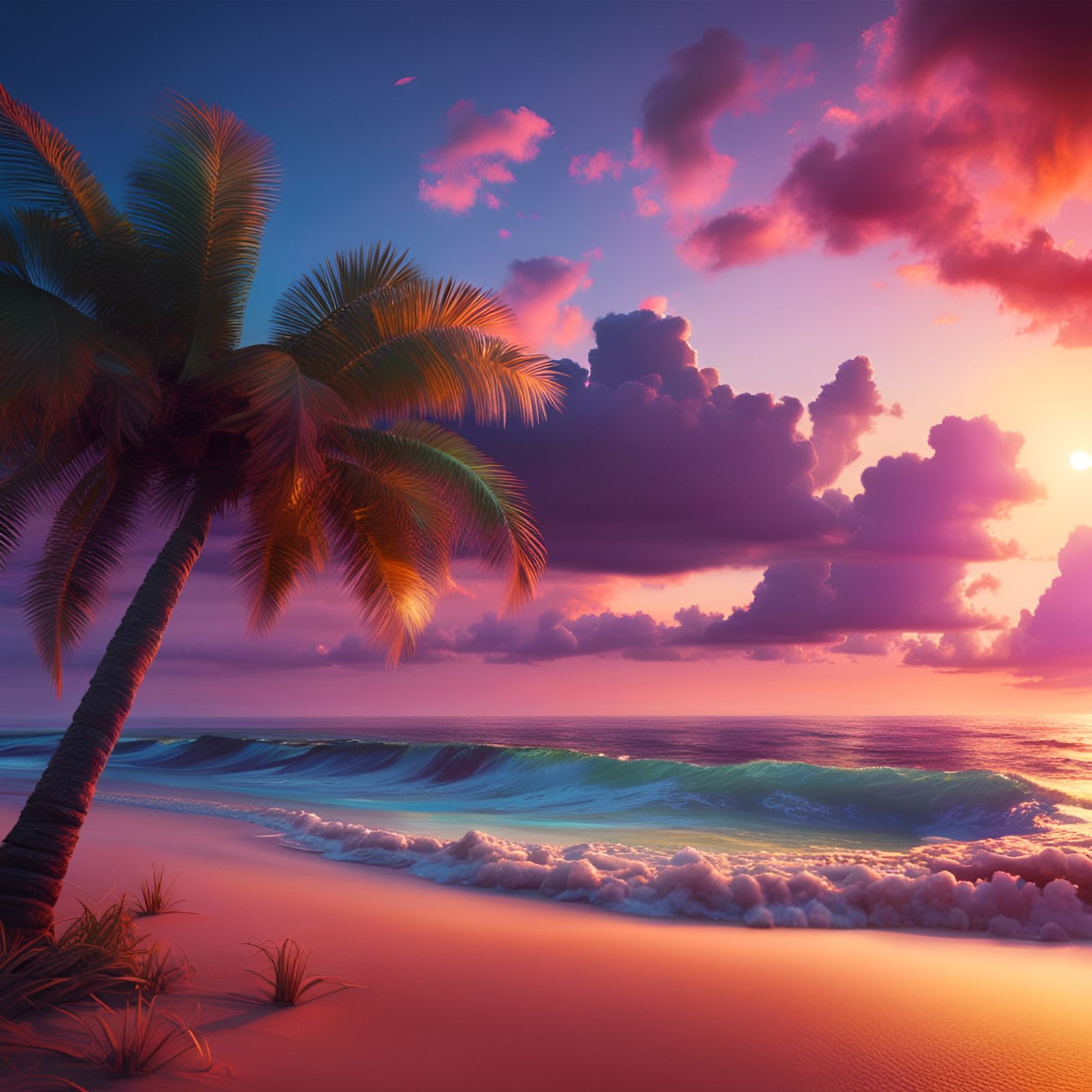 Hyperrealistic Sunset Beach Scene in Detailed Matte Painting