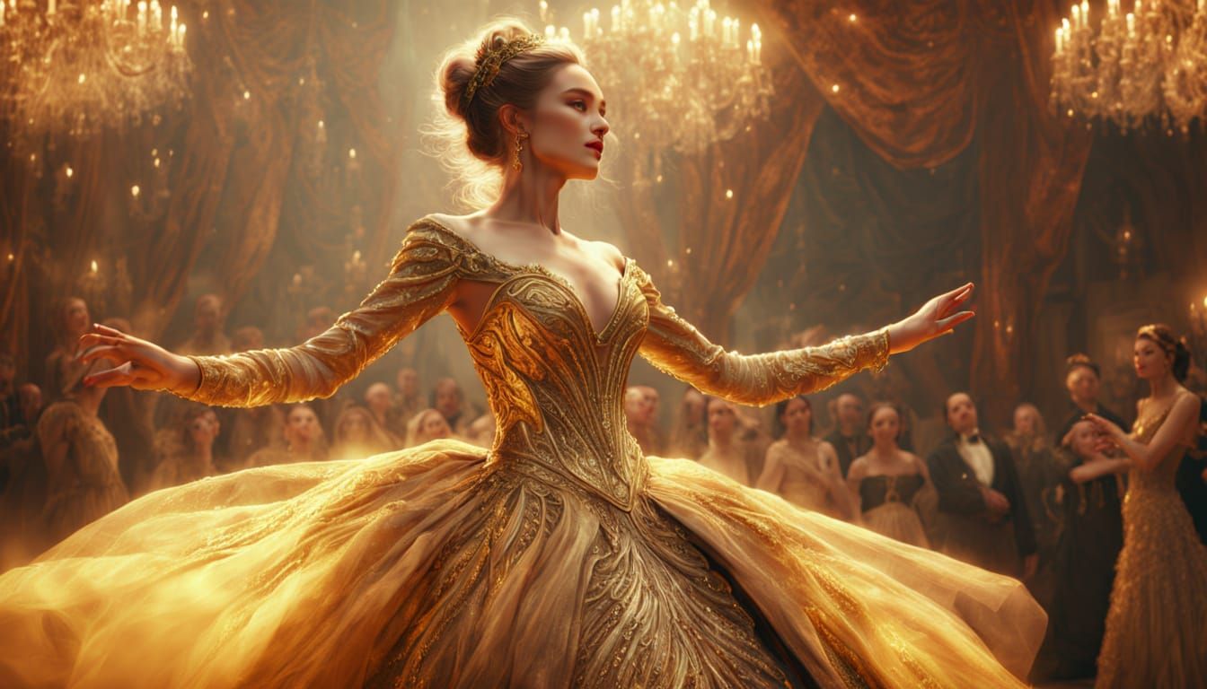 Elegant Fantasy Ball Gown in Golden Lighting