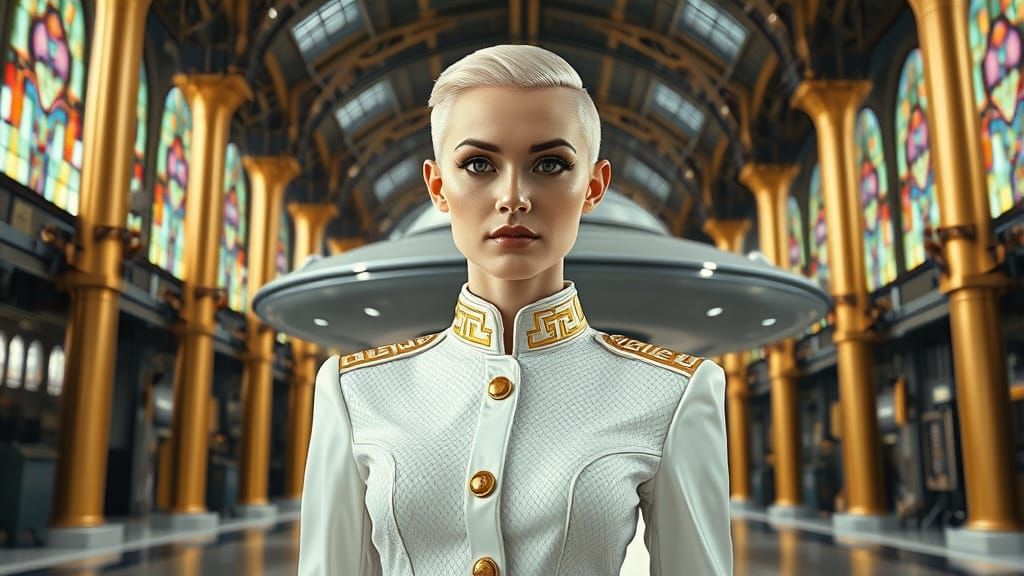 1940s Retro-Futuristic Pilot in Art Deco Factory