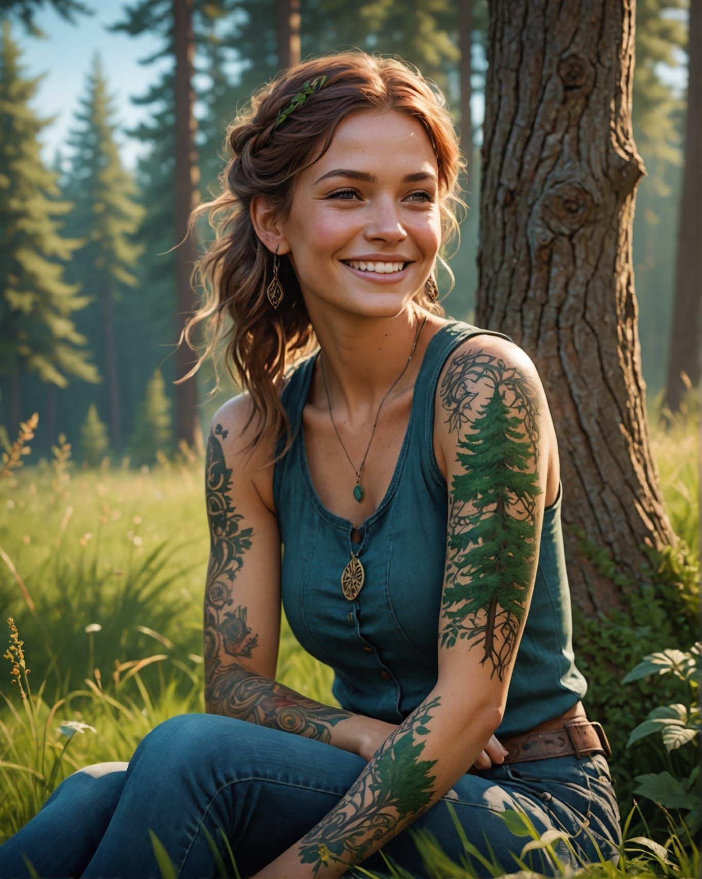 Smiling Woman with Tree Tattoos in Sunny Forest