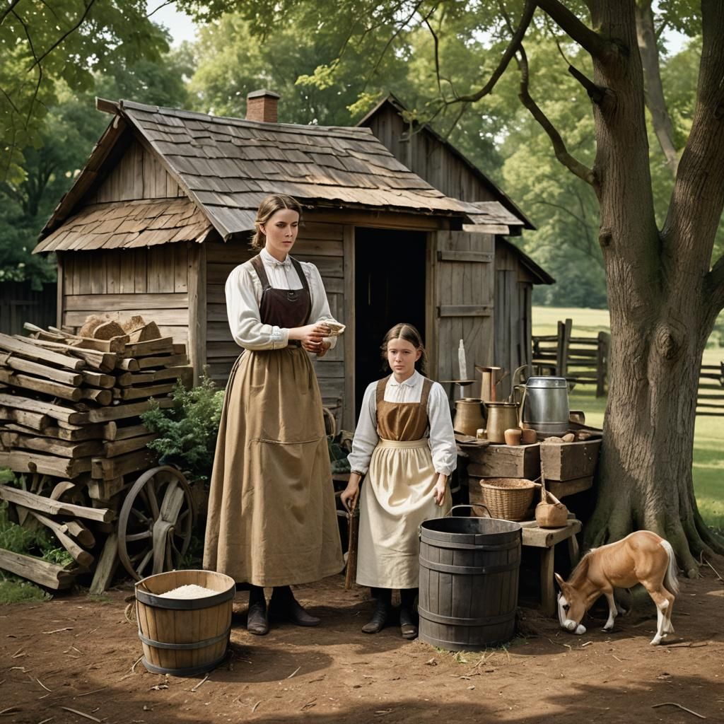 Vintage Farm Scene with Woman and Horse