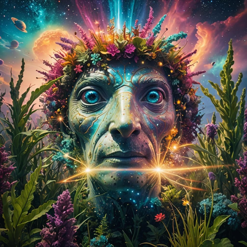 Astronaut Among Alien Plants in Cosmic Holographic Illustrat...