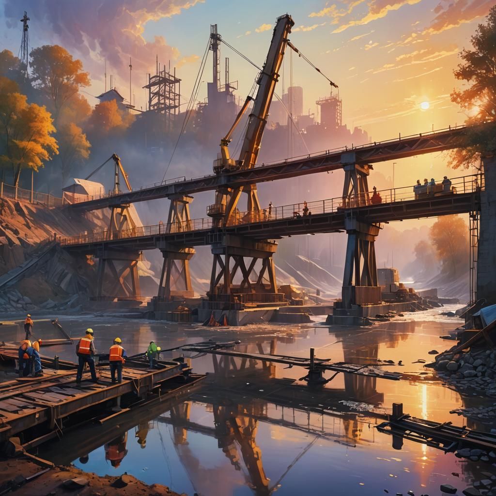 Sunrise Bridge Construction: Vibrant Oil Painting