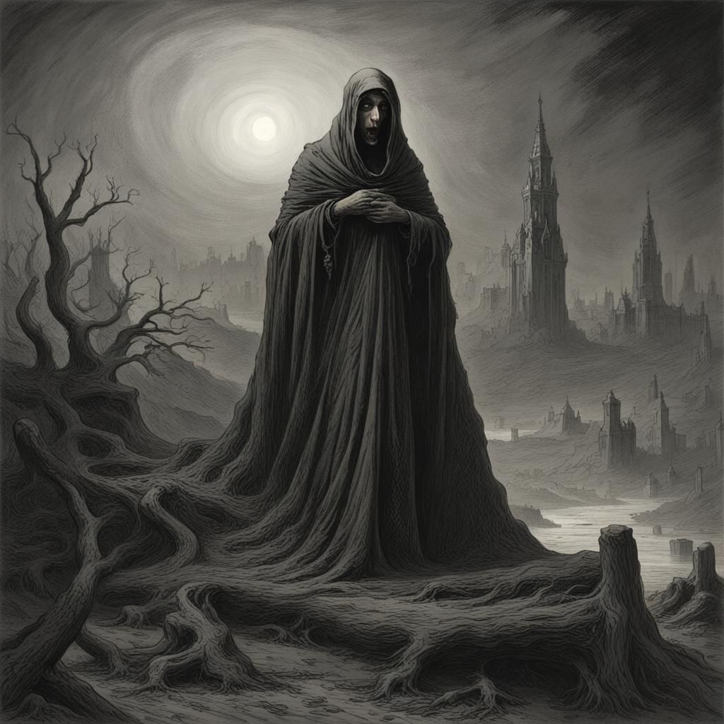 Terrifying Samara Illustration in Gothic Horror Style