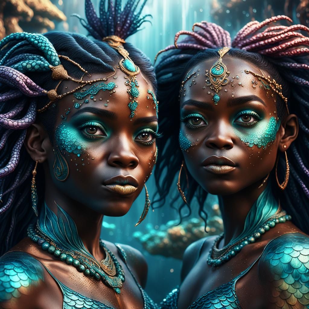 Detailed Portrait of African Mermaid Sisters in Digital Art