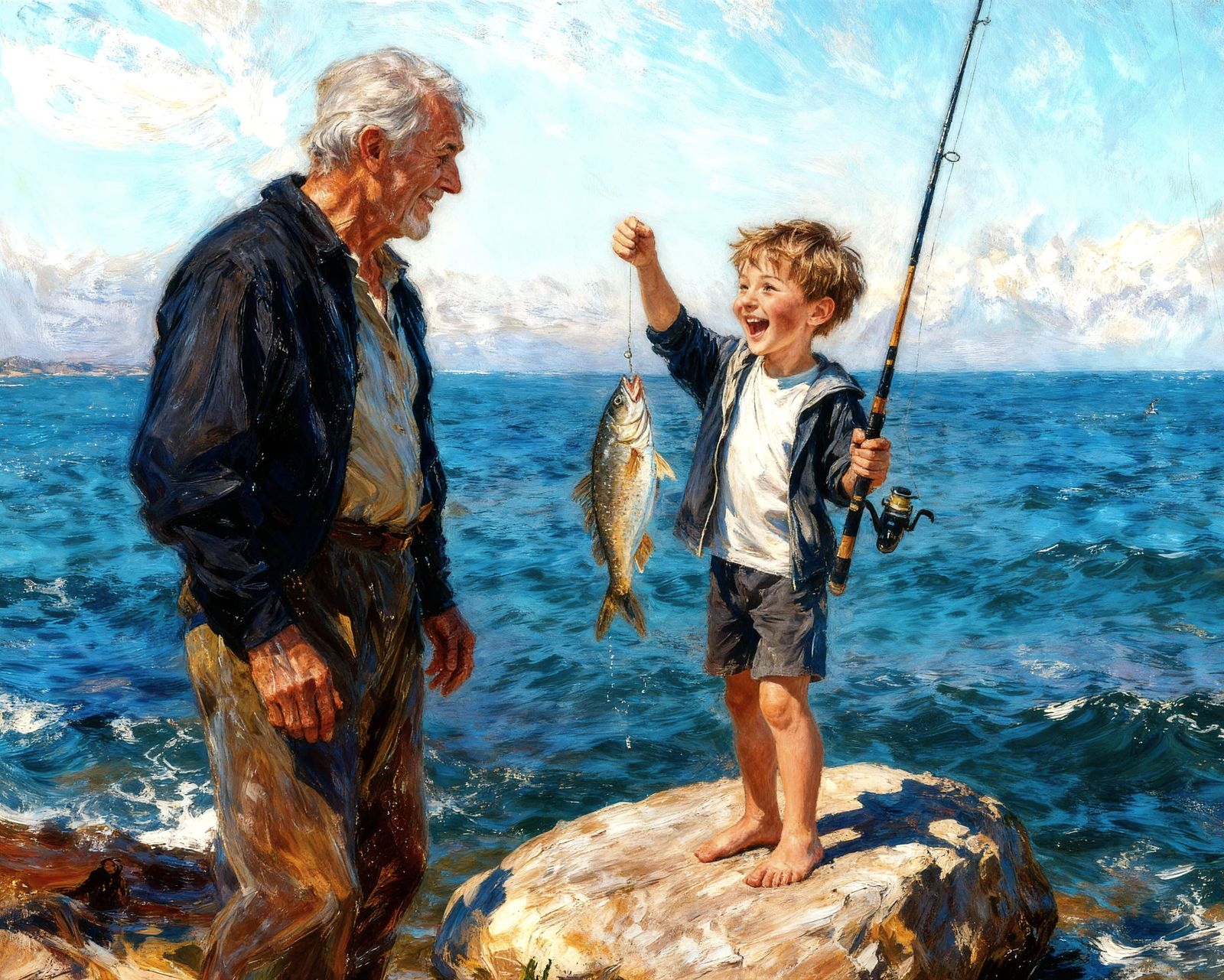 Grandson Shows Grandpa Big Fish Catch Oil Painting