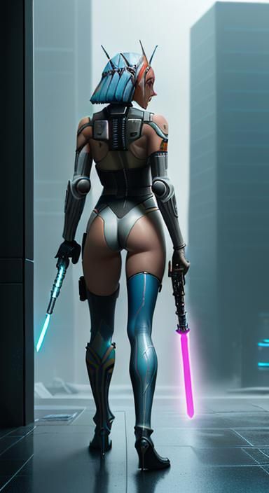 Ahsoka in Cyberpunk Style with Double Lightsaber