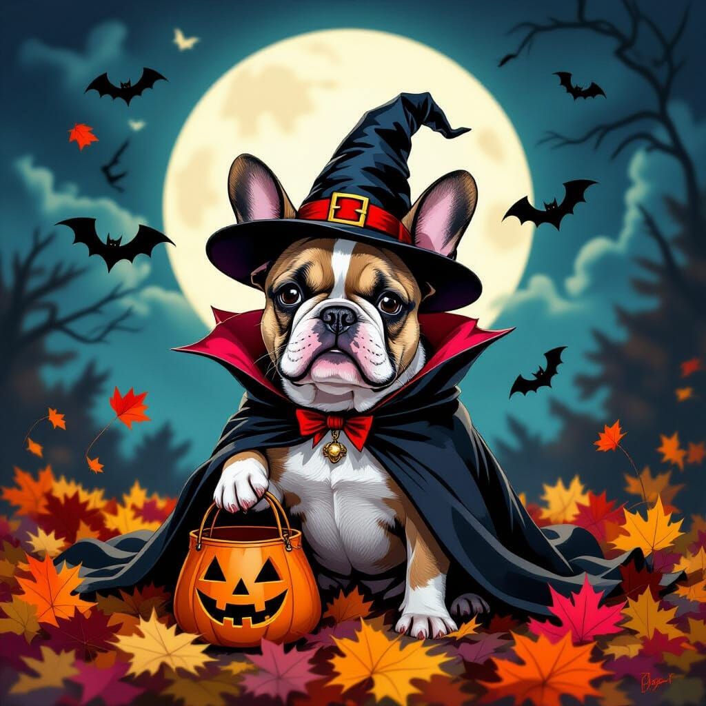 French Bulldog Vampire with Witch Hat in Autumn